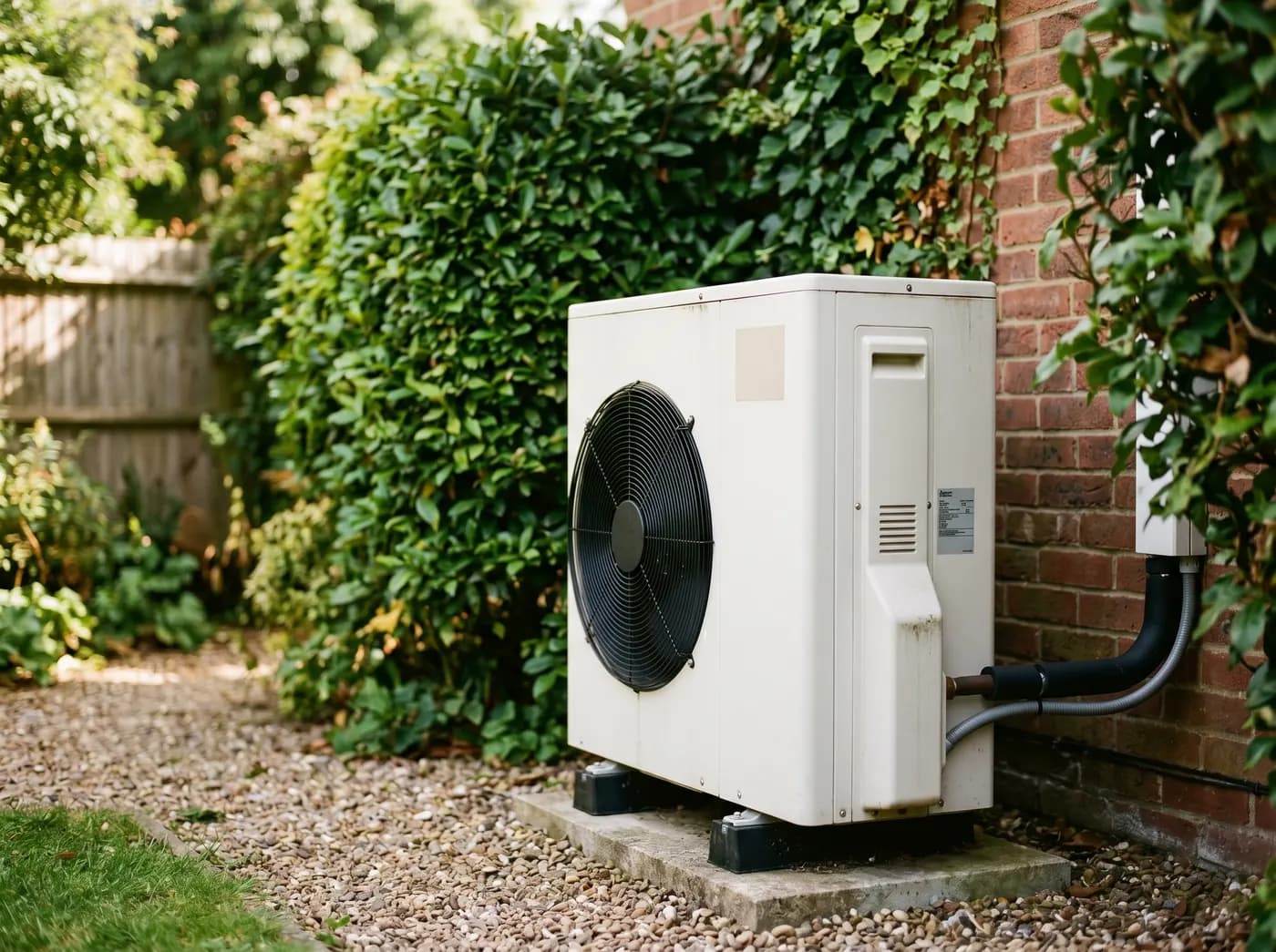 Close-up of an air source heat pump unit