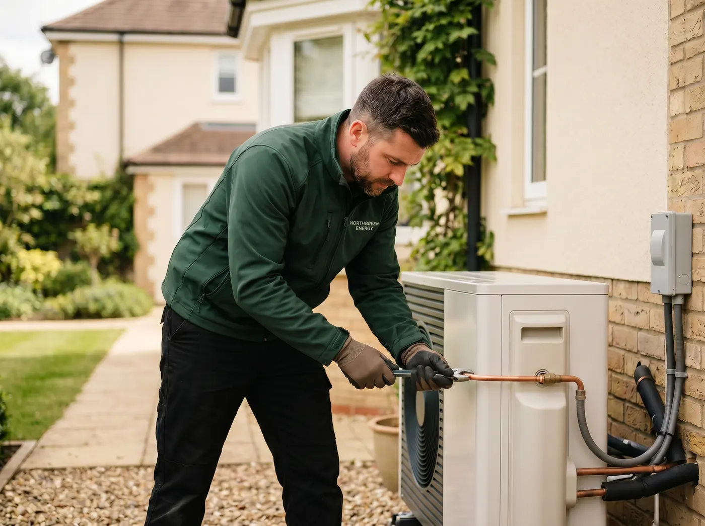 A heating engineer installing an air source heat pump