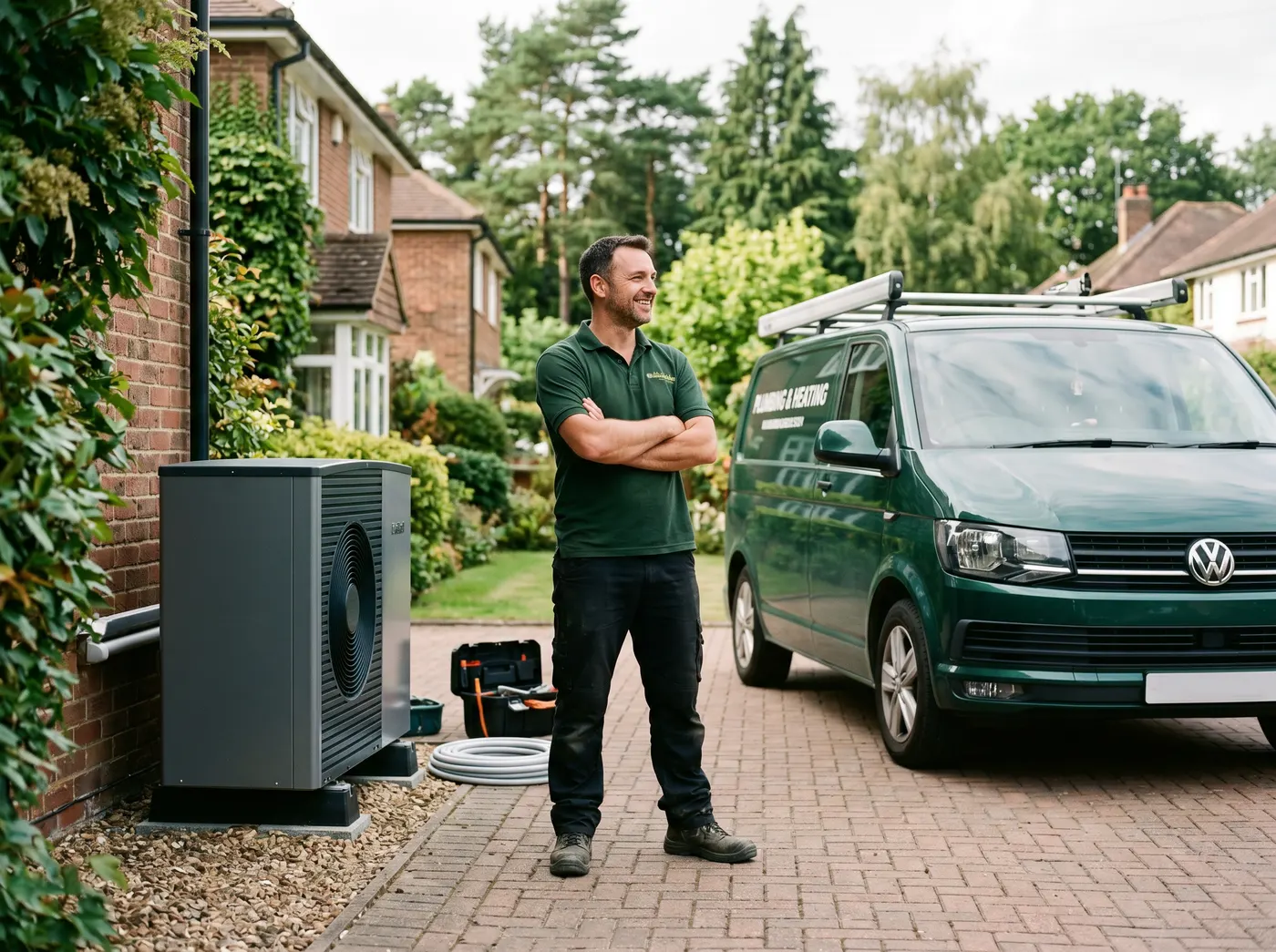 North Green Energy engineer beside a van and a heat pump